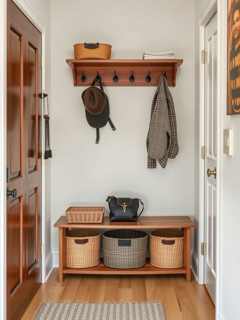 Garderobe mit Aufbewahrungskörben in einem kleinen Flur.