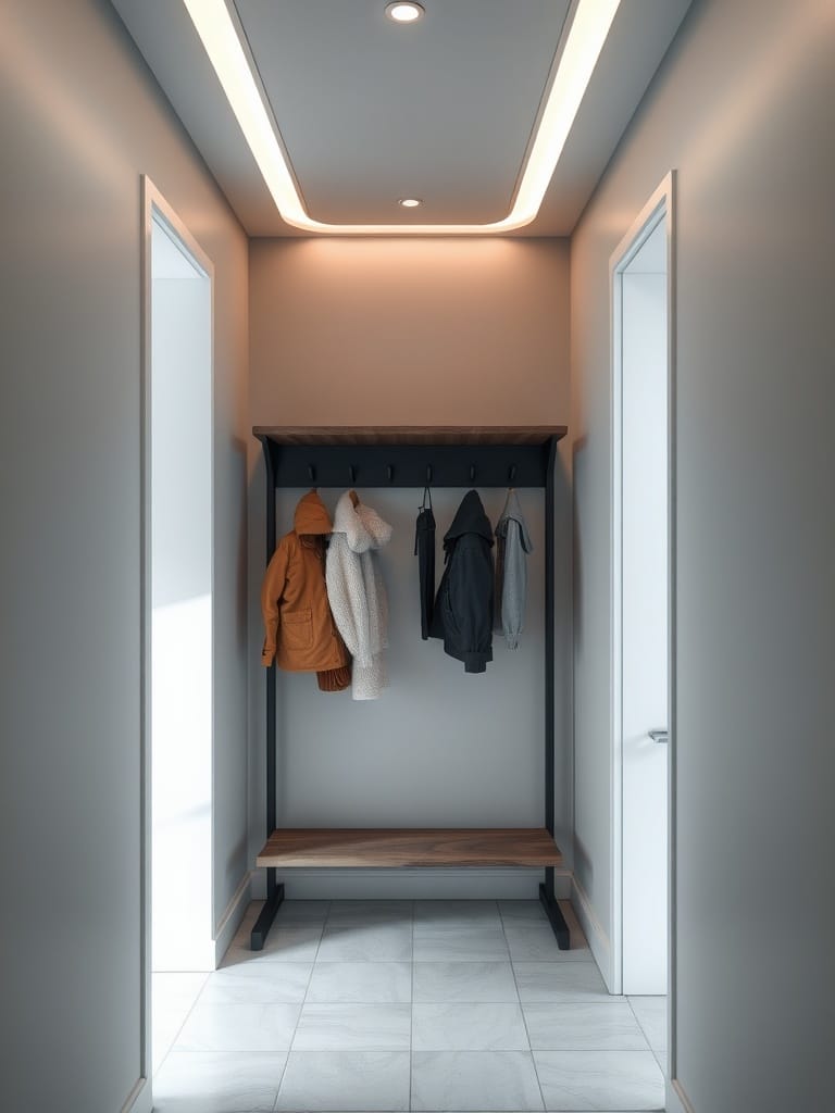 Moderne Garderobe im Flur mit Beleuchtung und Jacken