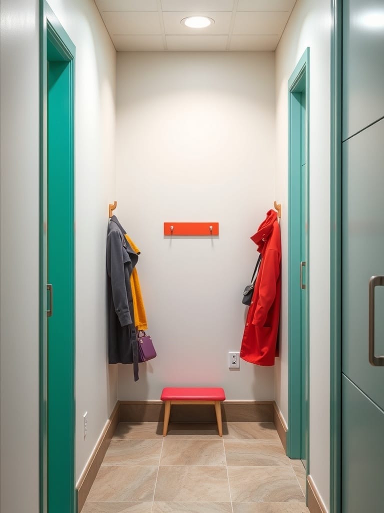 Kleiner Flur mit bunten Farbakzenten, rotem Hocker und Jacken an der Wand.