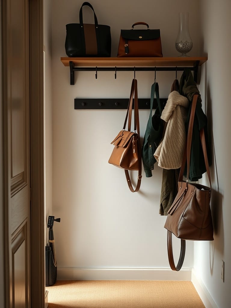 Garderobe mit Hakenleiste im kleinen Flur, mit Taschen und Jacken.