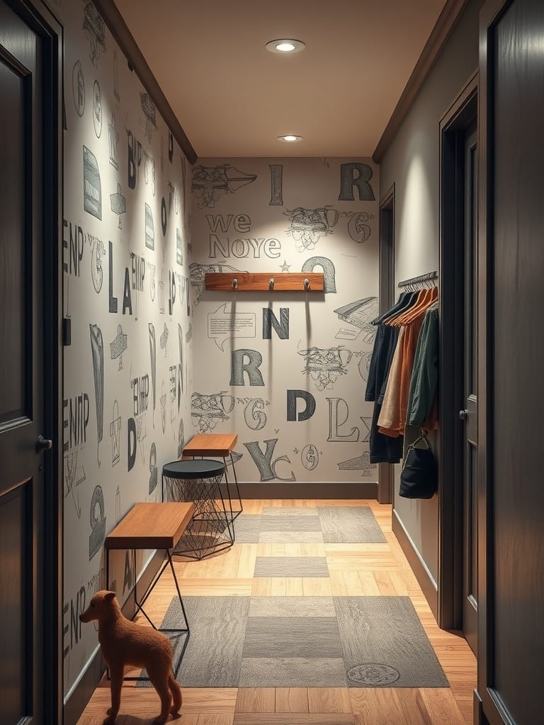 Kreative Garderobe in einem kleinen Flur mit stilvollen Möbeln und Wanddesign.