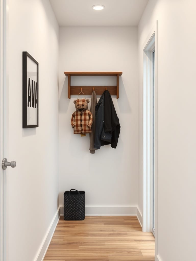 Minimalistische Garderobe im Flur mit Holzregal und Jacken