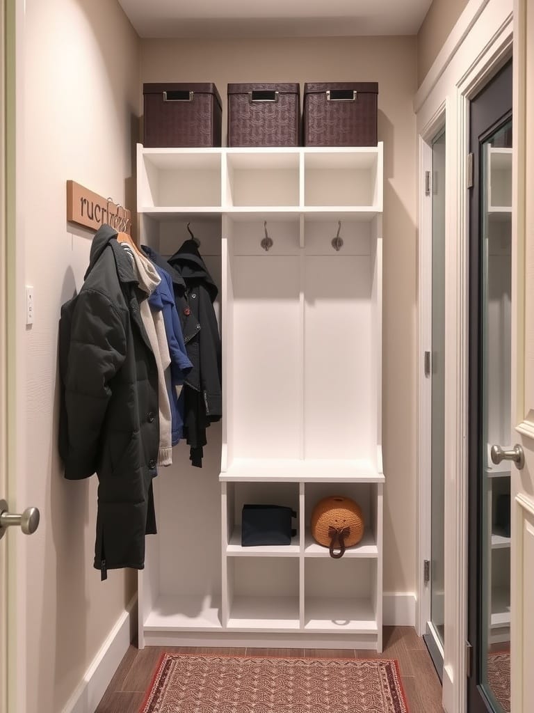 Garderobe mit Fächern und Aufhängemöglichkeiten in einem kleinen Flur.