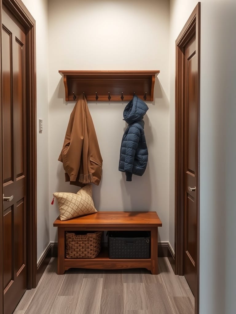 Garderobe mit Holzbank, Haken für Jacken und Stauraum in einem kleinen Flur