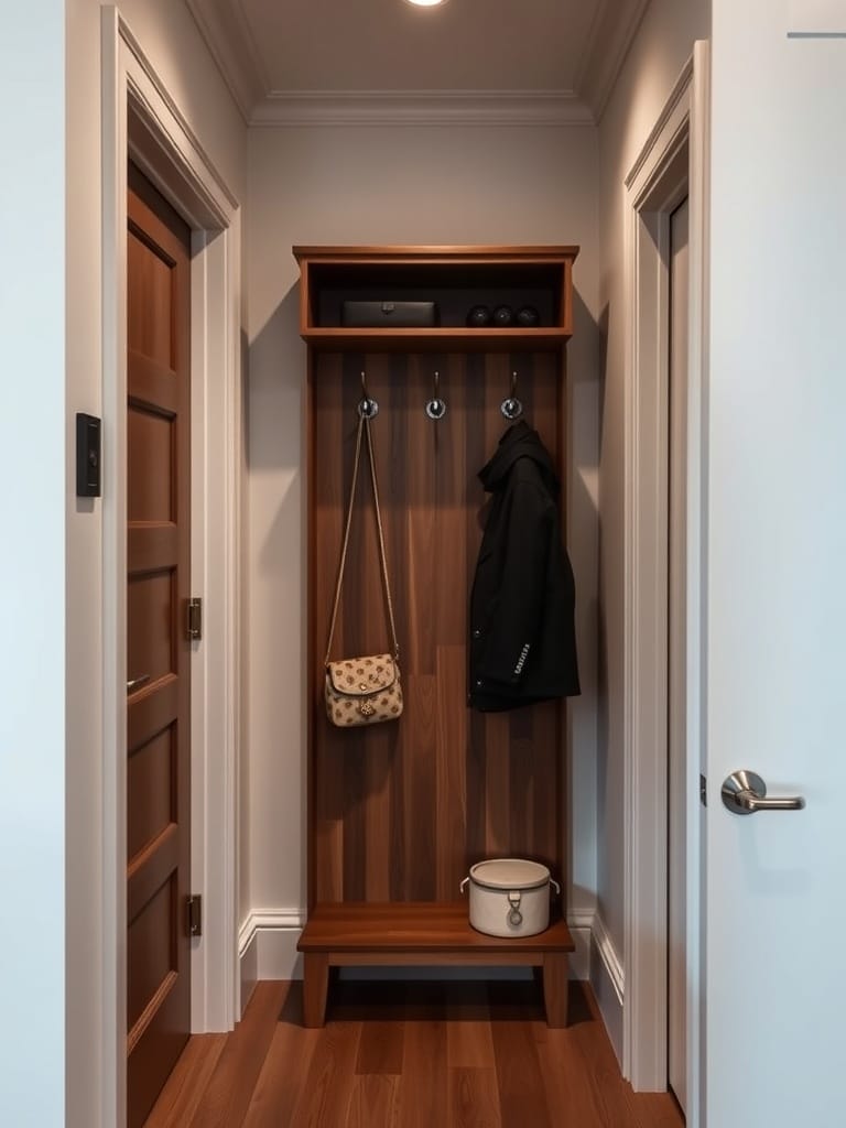Eine stilvolle Garderobe in einem kleinen Flur mit Holzregalen und Haken.