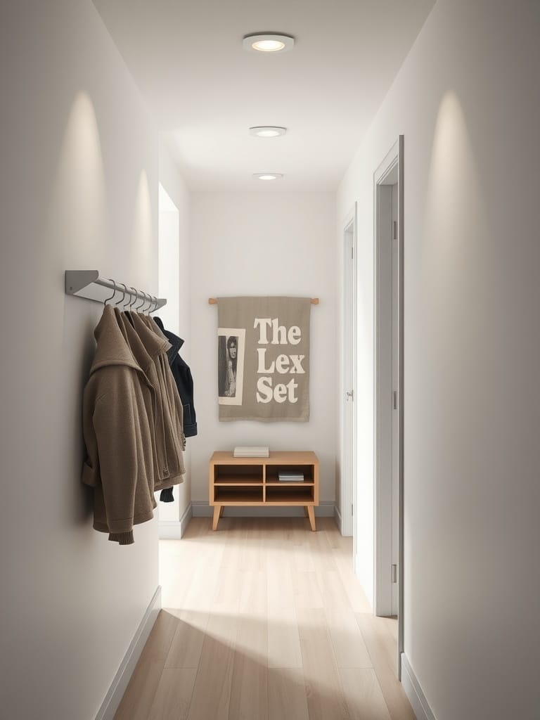 Garderobe mit Stoffbezügen in einem kleinen Flur.