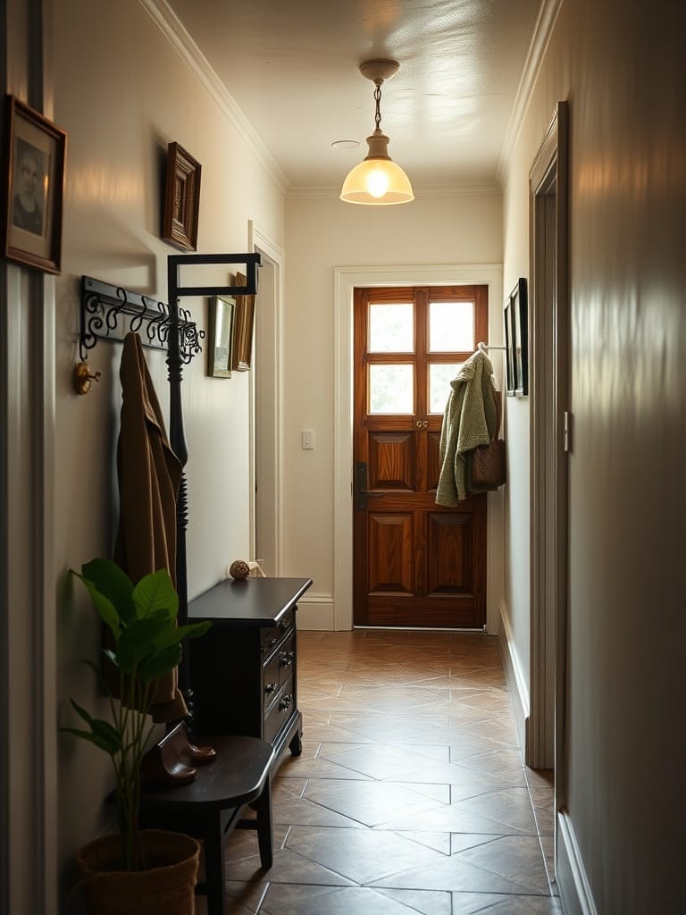 Garderobe im Flur mit Vintage-Elementen, Holzdetails und Pflanzen.