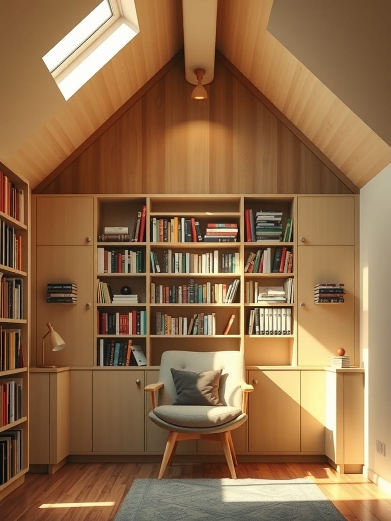 Gemütliche Leseecke unter der Dachschräge mit Sessel und Bücherregal.