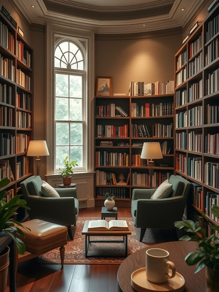 Gemütliche Leseecke mit Bücherregalen, Sesseln und Pflanzen