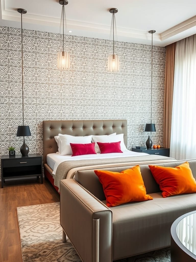 Schlafzimmer mit geometrischem Muster an der Wand, modernen Möbeln und stilvollen Akzenten.