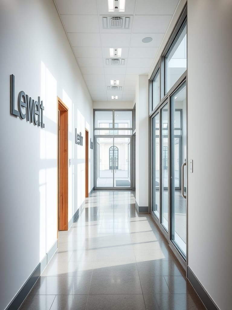 Heller Flur mit Glastüren und modernen Designelementen.