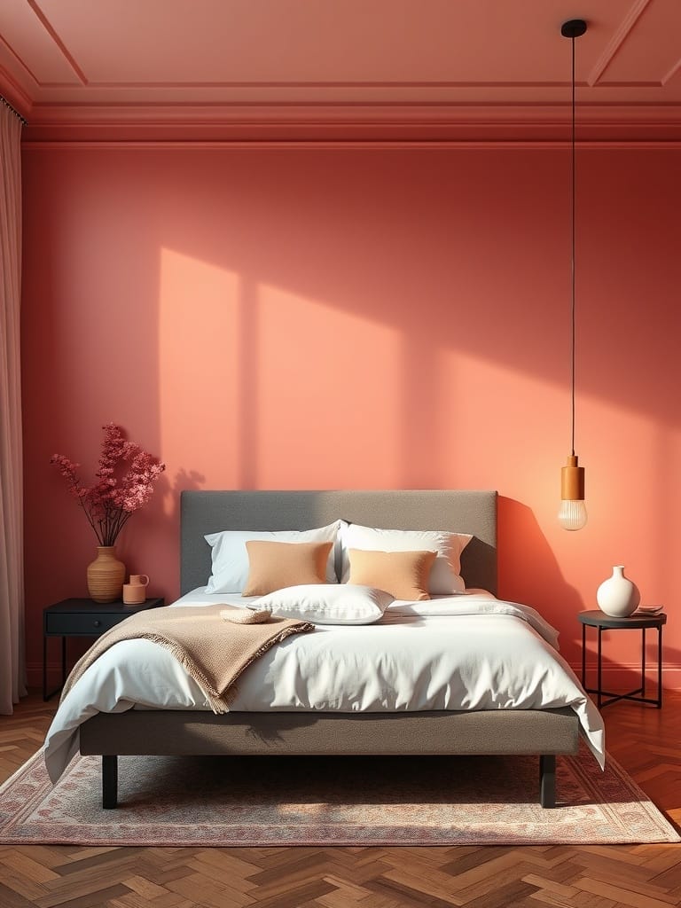 Schlafzimmer mit rosafarbenen Wänden und minimalistischer Einrichtung