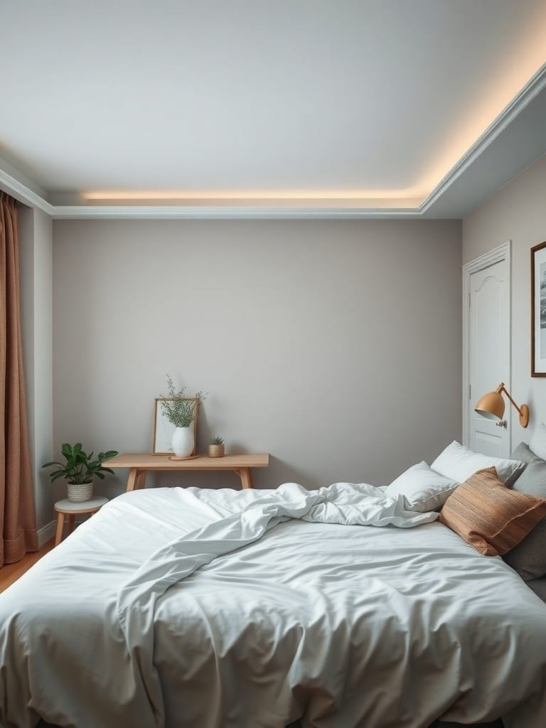 Ein modernes Schlafzimmer mit sanften Erdtönen und neutraler Farbpalette, das eine ruhige Atmosphäre ausstrahlt.