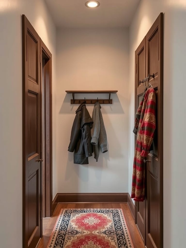 Ein kleiner Flur mit einer Wandgarderobe und einem Teppich.