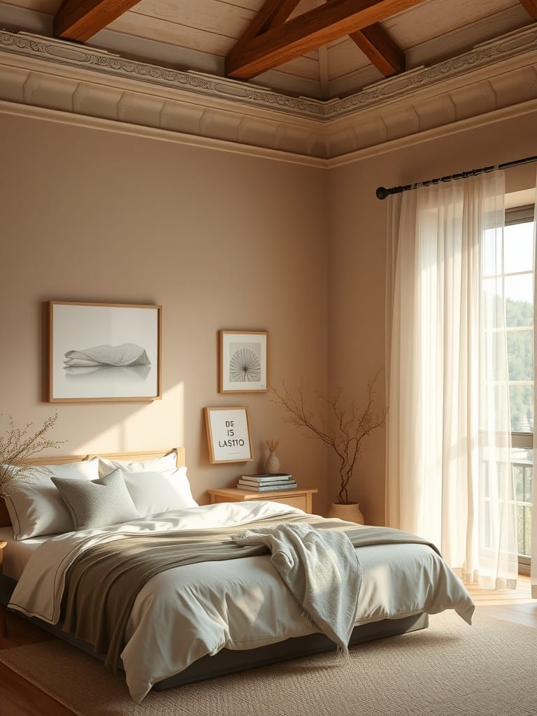 Schlafzimmer mit harmonischer Wandgestaltung in Erdtönen, Holzdetails und sanften Textilien.