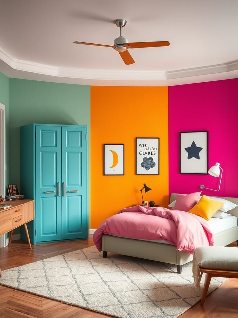 Schlafzimmer mit bunten Akzentwänden in Pink, Orange und Türkis.
