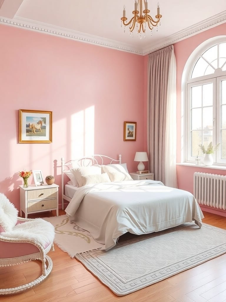 Schlafzimmer mit rosa Wänden, hellem Bett und gemütlicher Einrichtung
