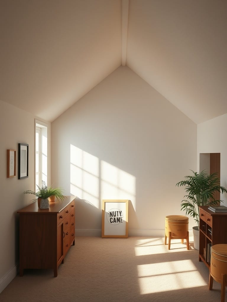 Heller Dachraum mit Fenster, Holzmöbeln und Pflanzen