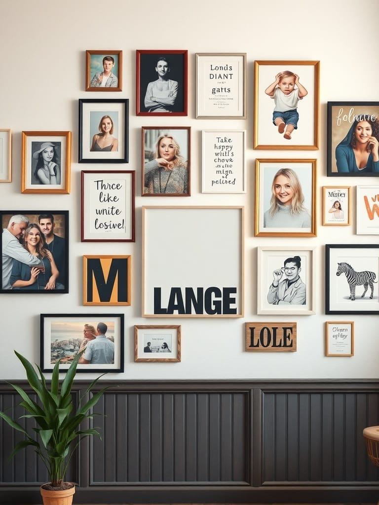 Eine Wand mit verschiedenen Bilderrahmen und Kunstwerken, die einen individuellen Stil zeigen.