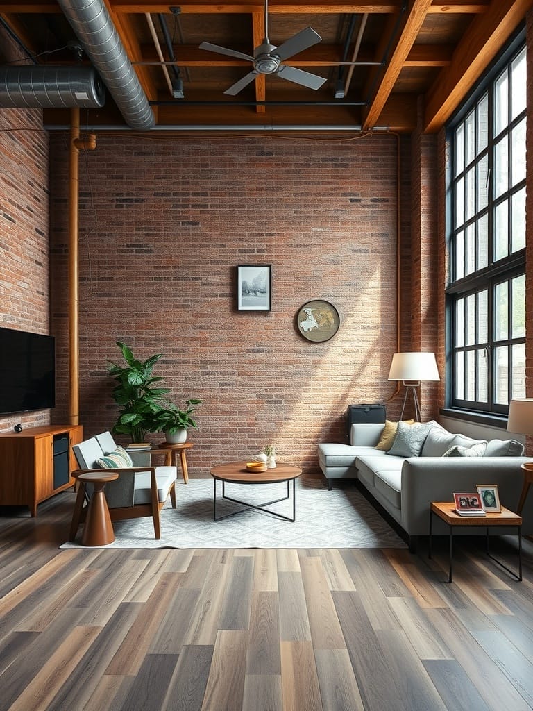 Ein stilvoller Wohnraum im industriellen Chic mit Holzakzenten, Ziegelwänden und modernen Möbeln.