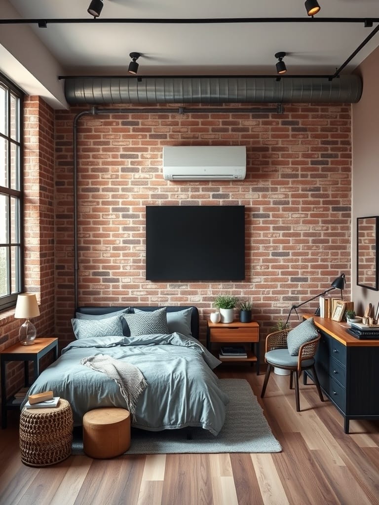 Schlafzimmer im industriellen Stil mit Ziegelmauer und modernen Möbeln.