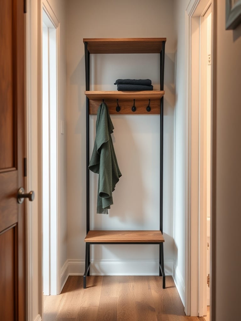 Ein Flur mit einem Holz-Metall-Regal, das Handtücher und einen grünen Mantel hält.