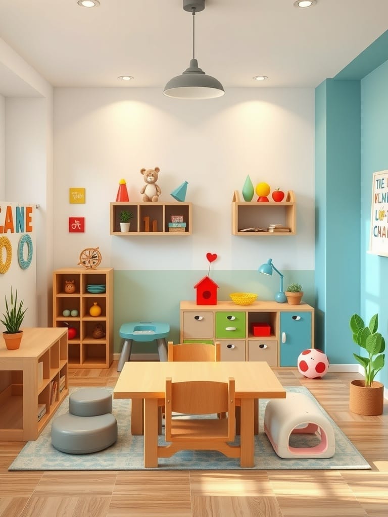 Ein kreatives Kinderzimmer mit bunten Möbeln und Spielbereichen.