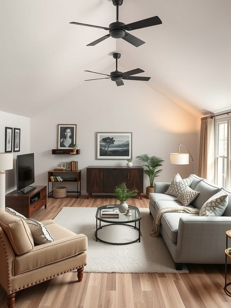 Gemütlicher Wohnraum mit Dachschrägen, Sofa, Sessel und Dekoration