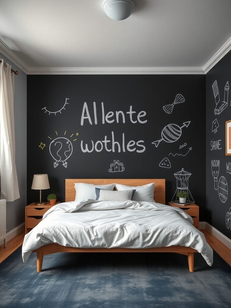 Schlafzimmer mit einer Wand, die mit Tafelfarbe bemalt ist, und handgeschriebenen Designs.