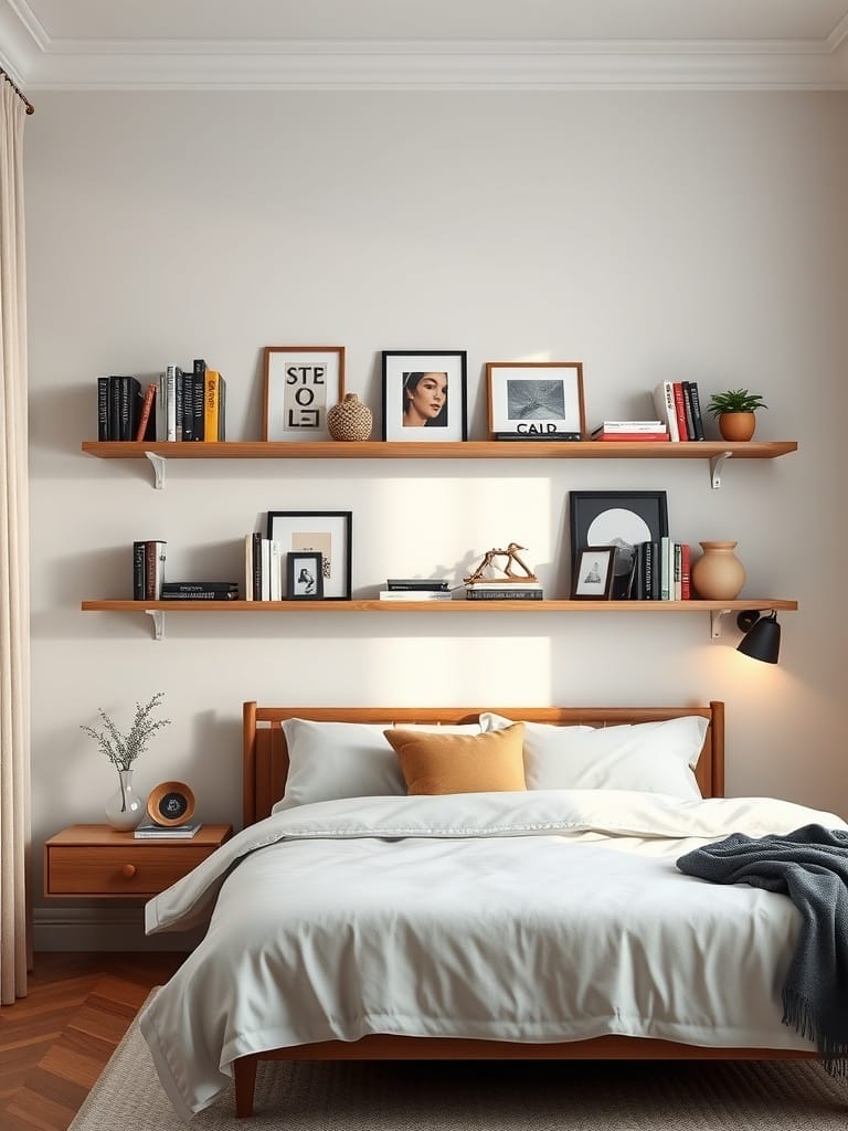 Ein Schlafzimmer mit modernen Wandregalen, die Bücher, Bilderrahmen und Pflanzen zeigen.