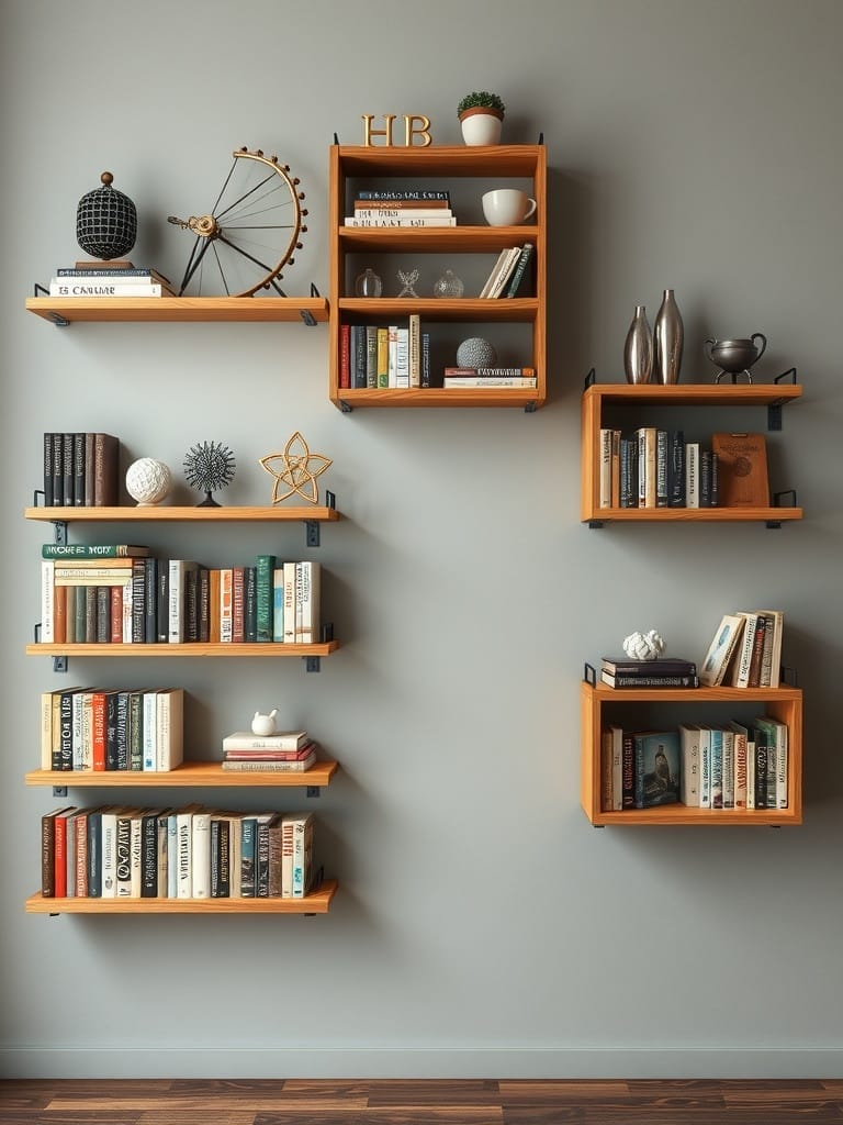 Kreative Wandregale aus Holz mit Büchern und Dekoration