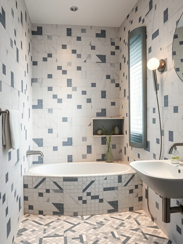 Badezimmer mit kunstvollen Mosaikfliesen in verschiedenen Farben und Mustern.