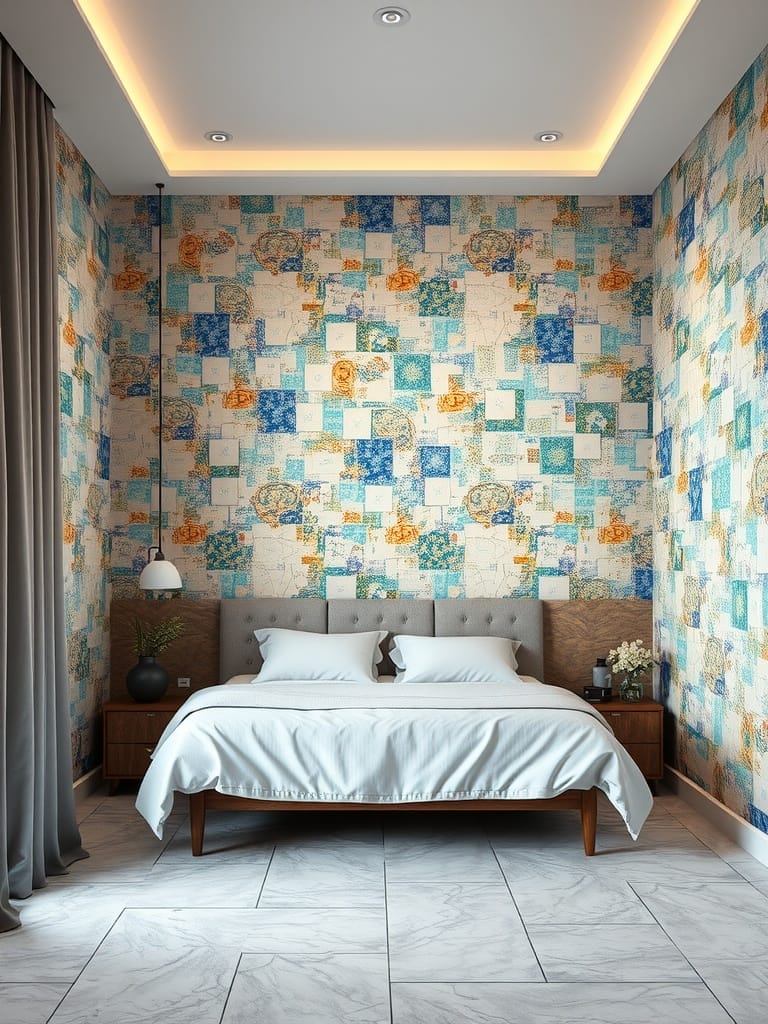 Schlafzimmer mit kunstvoller Mosaik-Wandgestaltung in Blau- und Orangetönen.