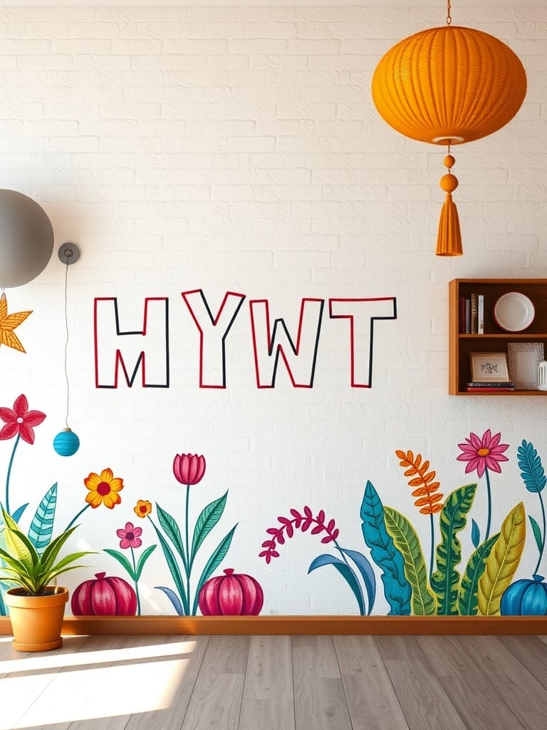 Bunte Wandgestaltung mit Blumen und kreativen Schriftzügen.