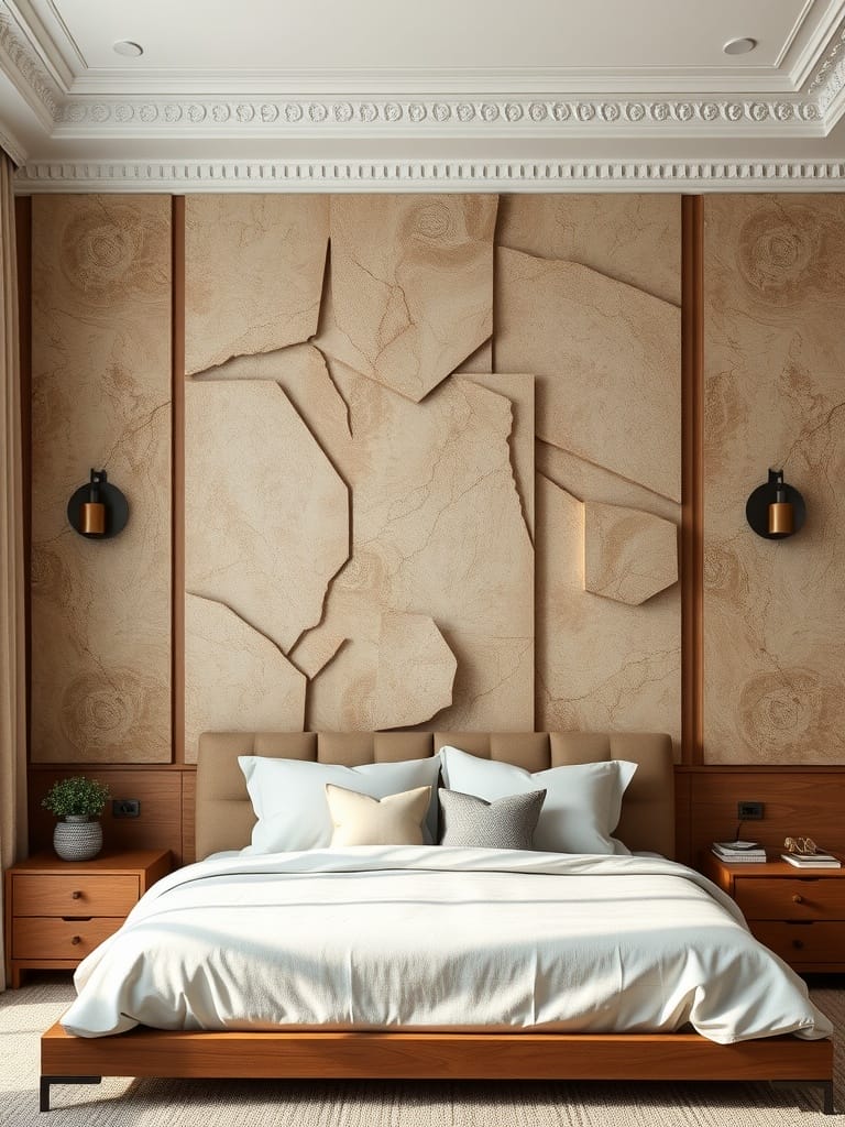 Kunstvolle Wandpaneele in einem modernen Schlafzimmer mit einem Bett und Nachttischen.