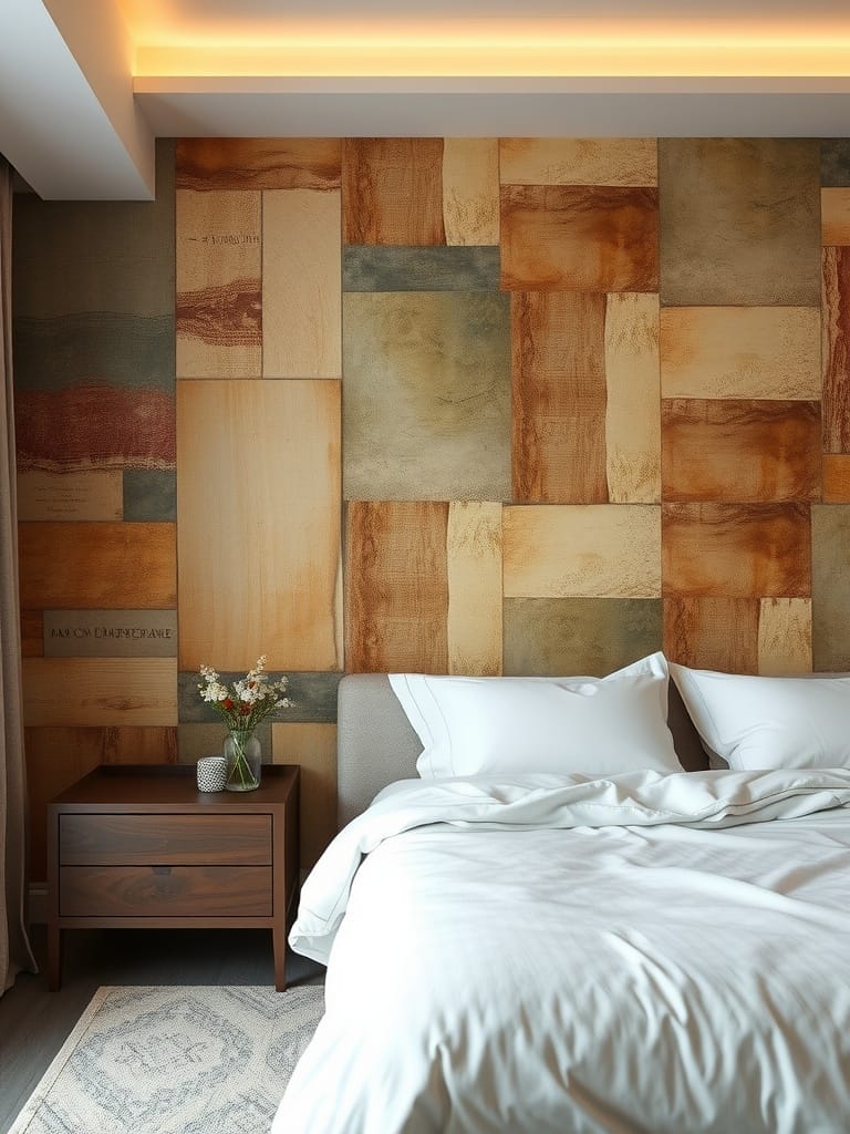 Stoffverkleidung an einer Wand im Schlafzimmer mit einem modernen Design.