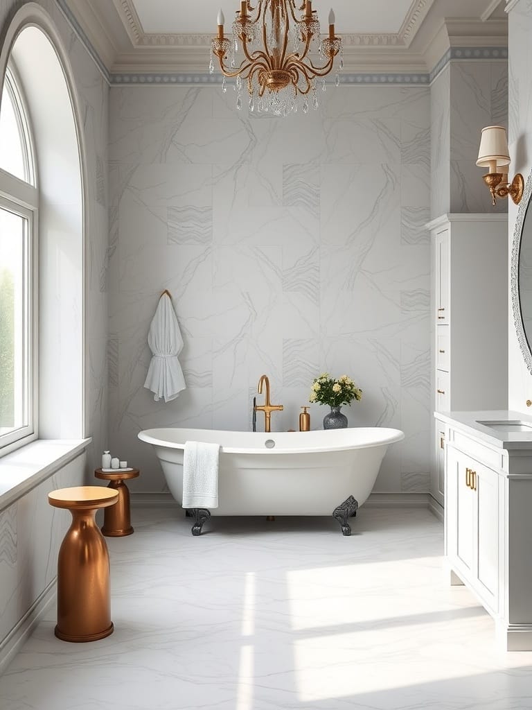 Luxuriöses Badezimmer mit freistehender Badewanne und eleganten Armaturen