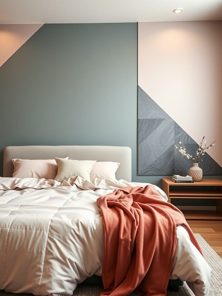 Schlafzimmer mit geometrischen Mustern an der Wand in sanften Farben.