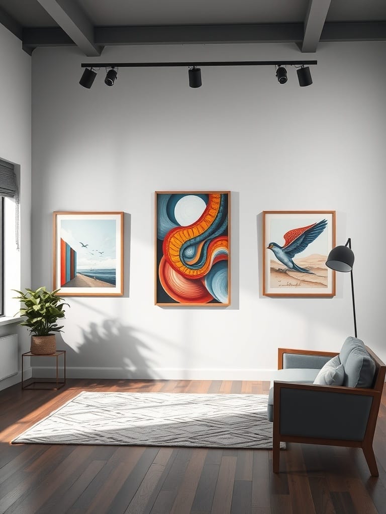Ein Raum mit modernen Kunstwerken an der Wand, einem gemütlichen Sessel und einer Pflanze.
