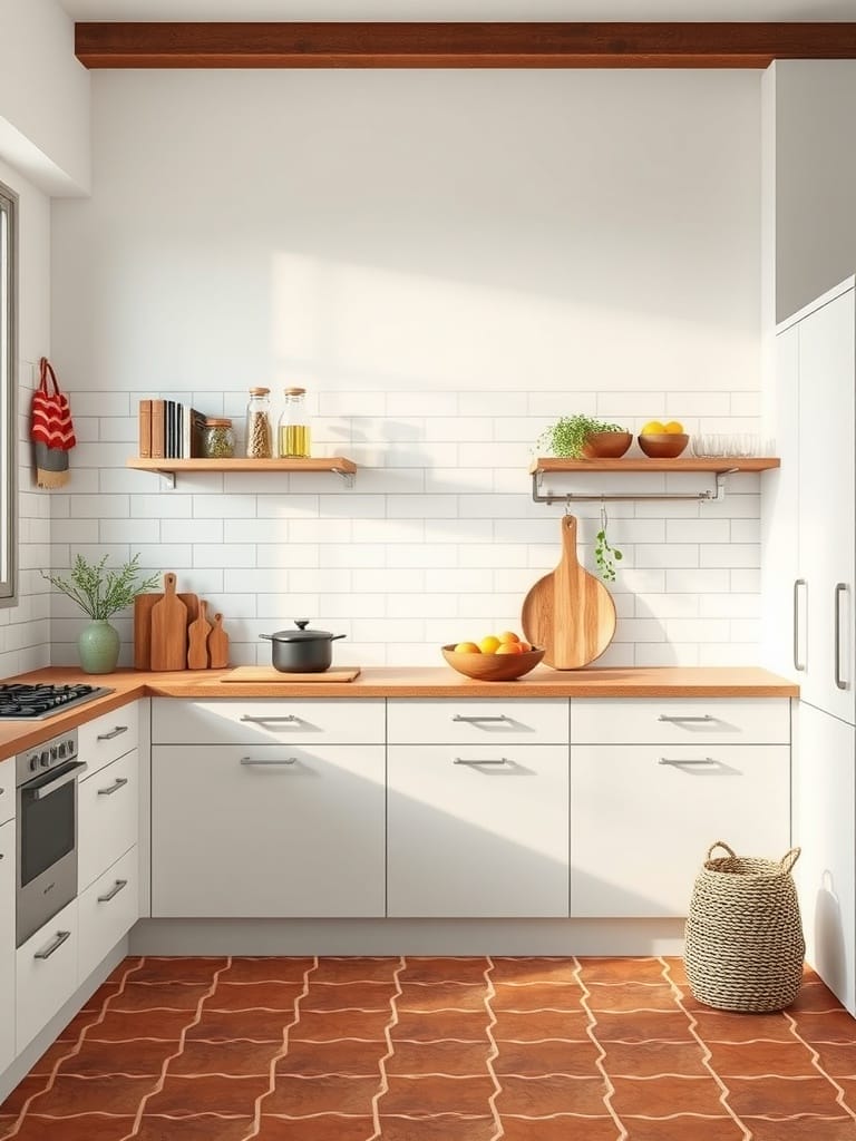 Moderne Küche mit Terrakotta-Fliesen und hellen Möbeln.