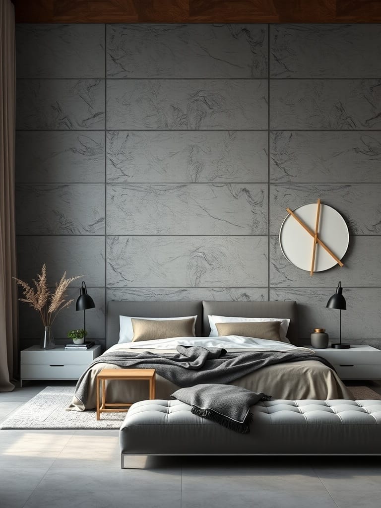 Schlafzimmer mit Betonoptik Wandverkleidung und modernen Möbeln.