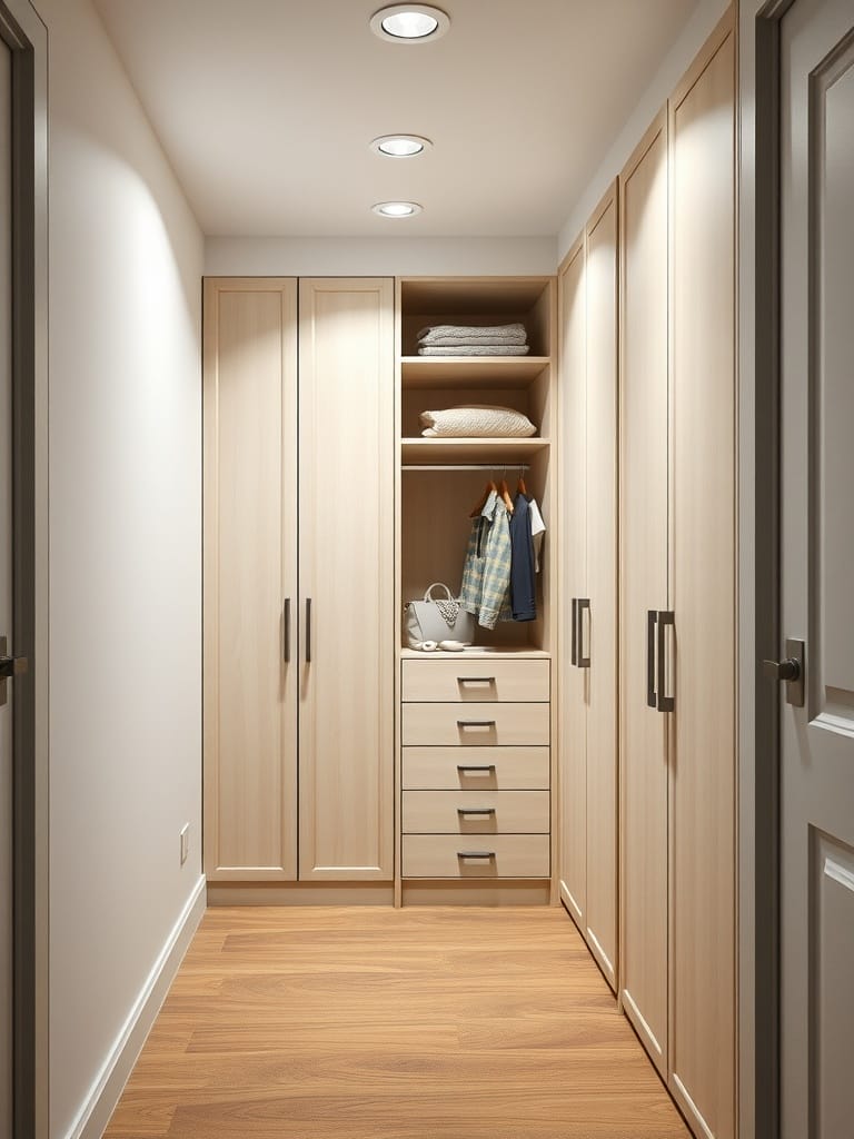 Modulares Garderobensystem in einem kleinen Flur mit Holzschränken und Regalen.