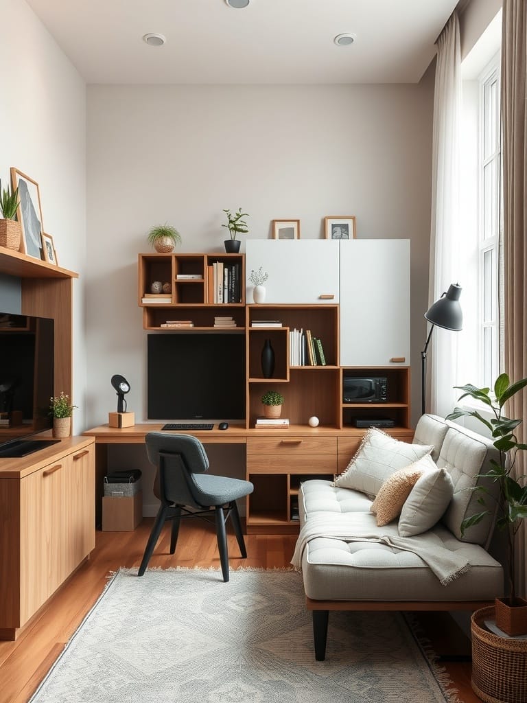 Ein stilvolles Wohnzimmer mit multifunktionalen Möbeln, einschließlich eines Sofas und eines Schreibtisches.