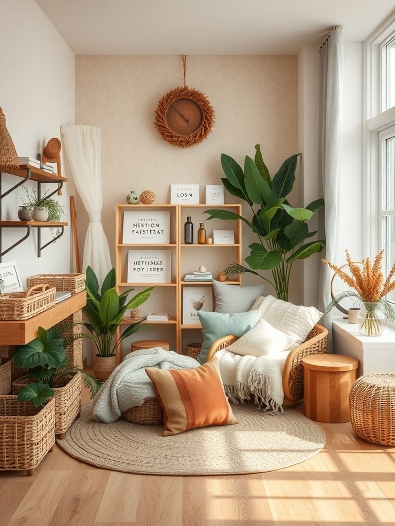 Ein gemütlicher Raum mit natürlichen Materialien, Pflanzen und warmen Farben.