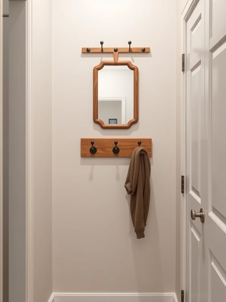 Platzsparende Wandgarderobe mit Spiegel und Haken in einem kleinen Flur.