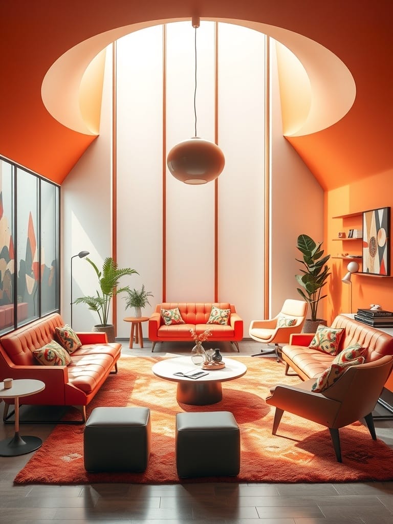 Ein stilvoll eingerichtetes Wohnzimmer mit retro-futuristischen Möbeln in leuchtenden Farben.