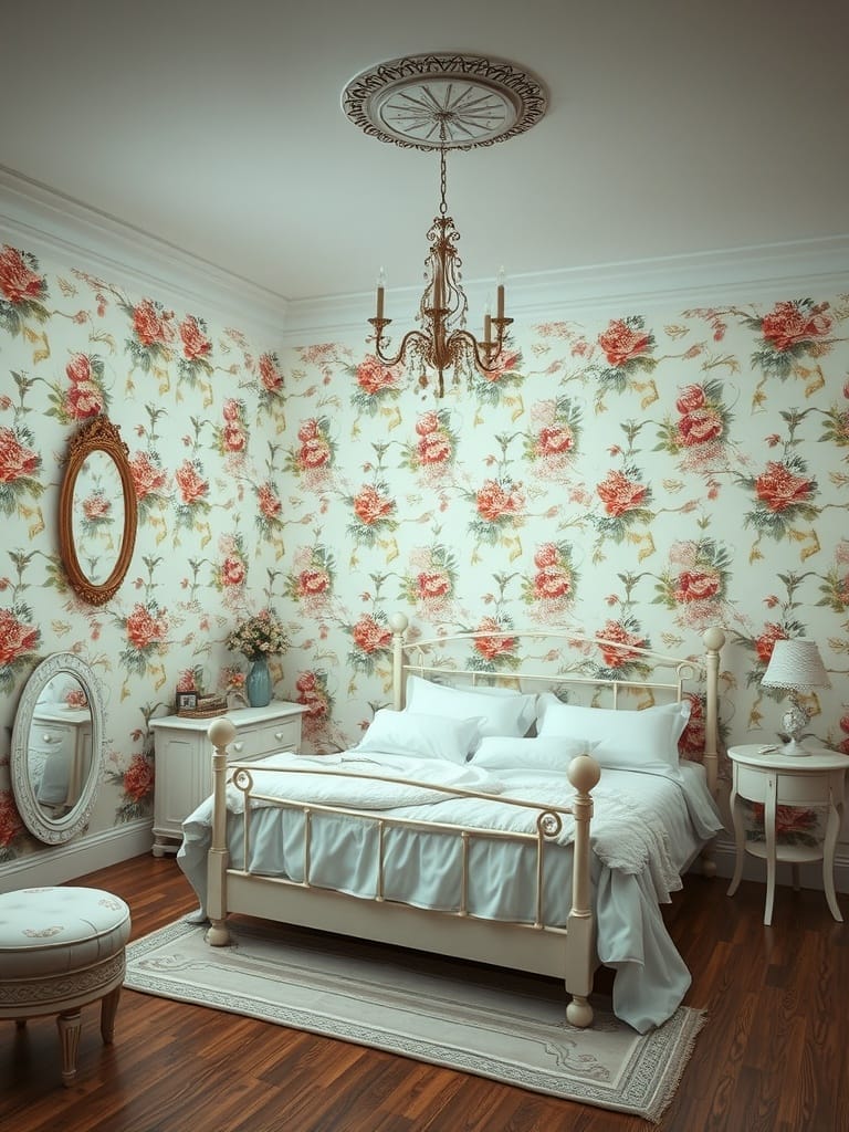Schlafzimmer mit romantischer Wandgestaltung und Blumenmustern