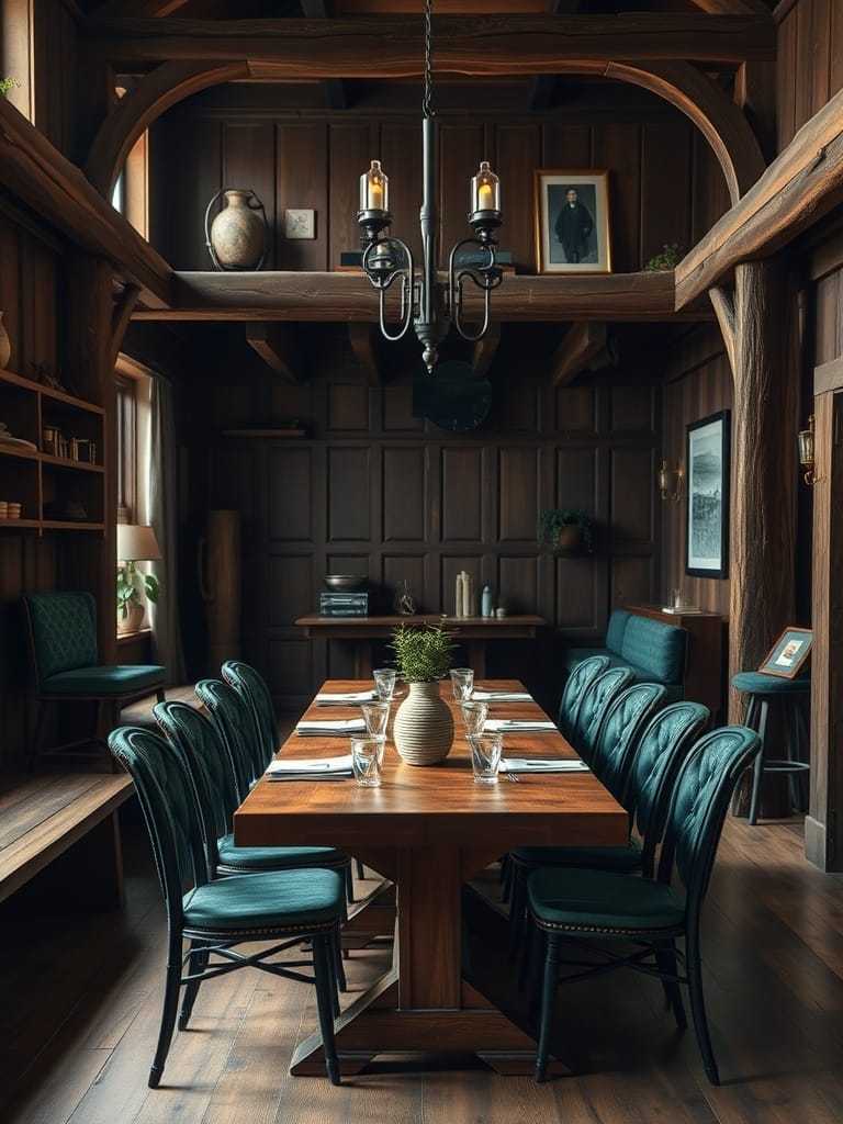 Rustikales Esszimmer mit Holzdetails und eleganten Stühlen