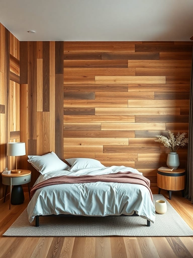 Schlafzimmer mit rustikalen Holzpaneelen und gemütlicher Einrichtung