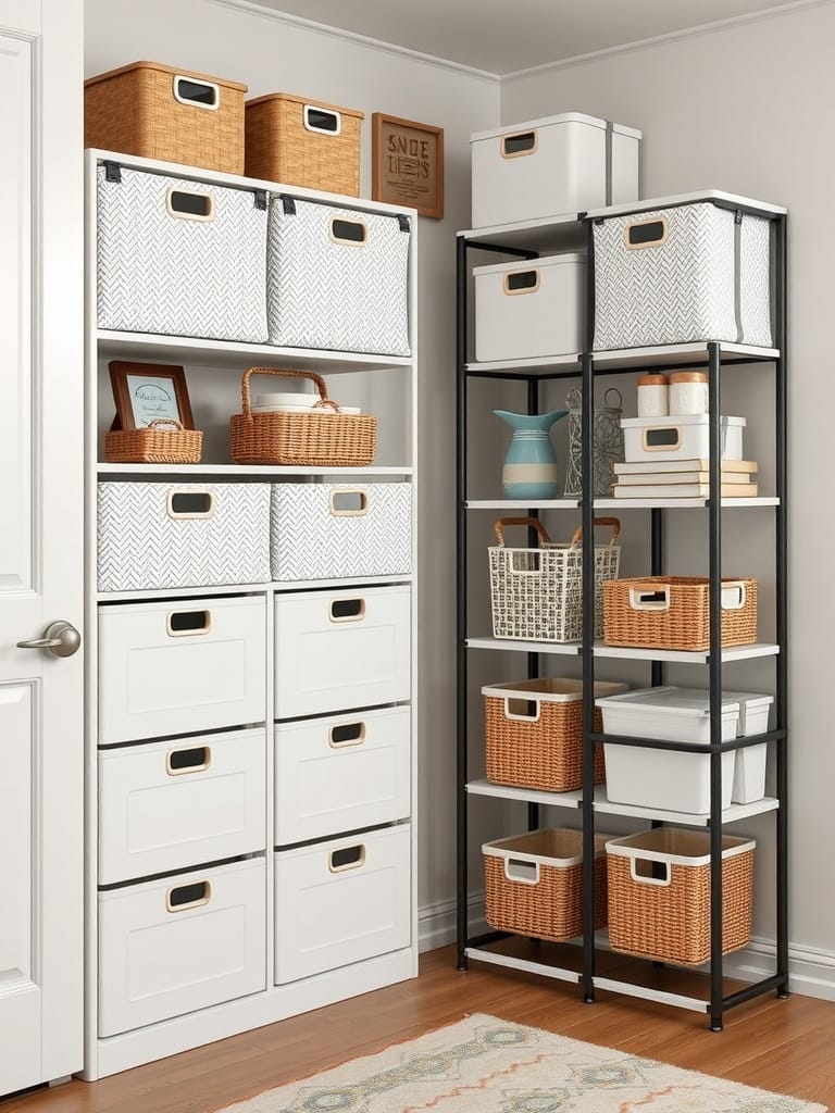Stylish storage solutions with baskets and shelves for organization.